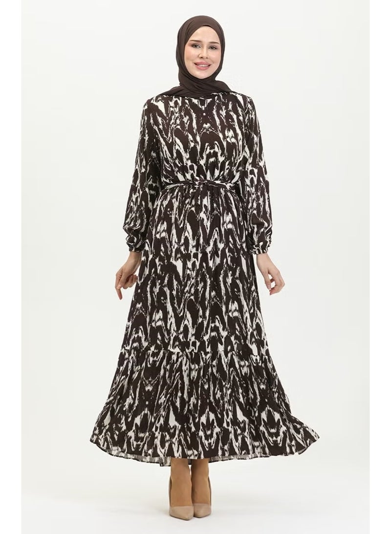 Sefa Merve Women's Viscose Patterned Belted Dress - Brown - Image 1